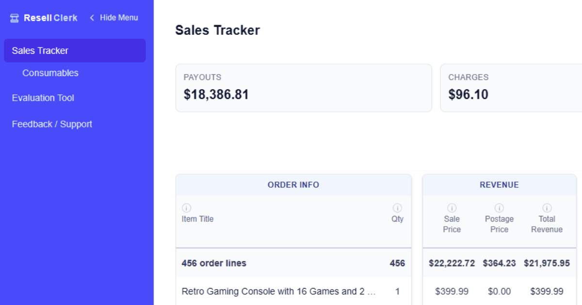 A screenshot of the Resell Clerk sales tracker, which is a resell software/tool.